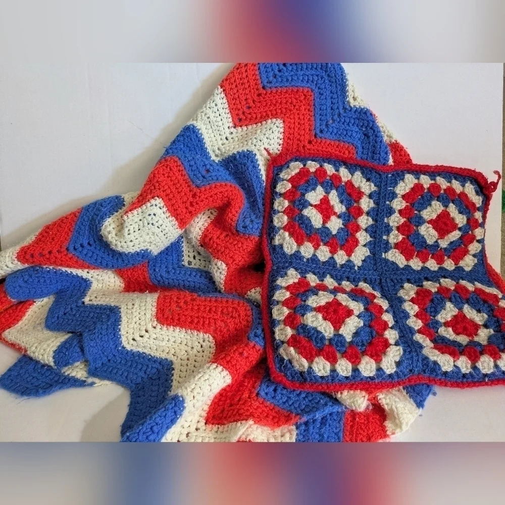 Vintage crochet pillow and Afghan. Red, white, and blue